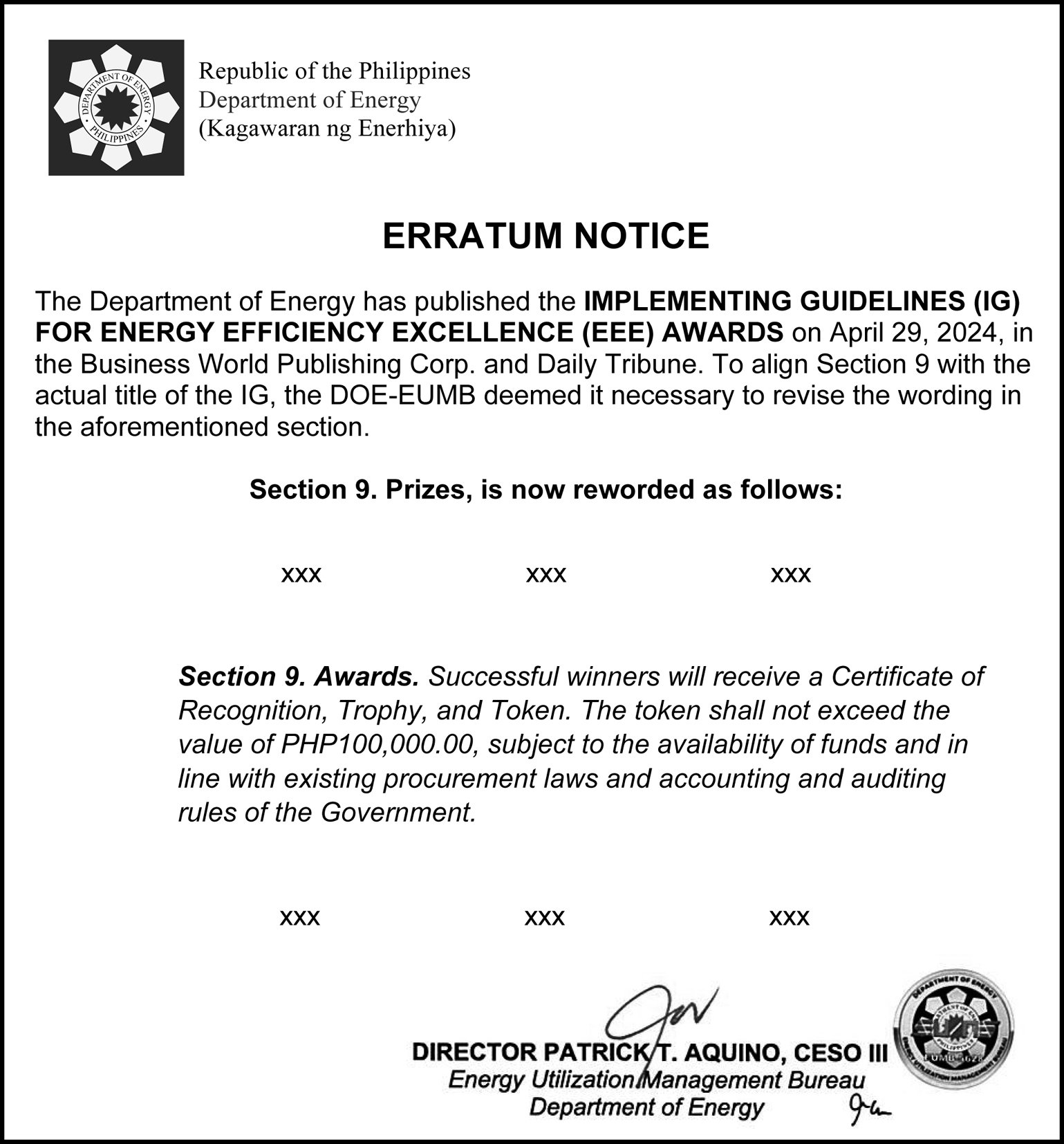 Department of Energy - Erratum Notice